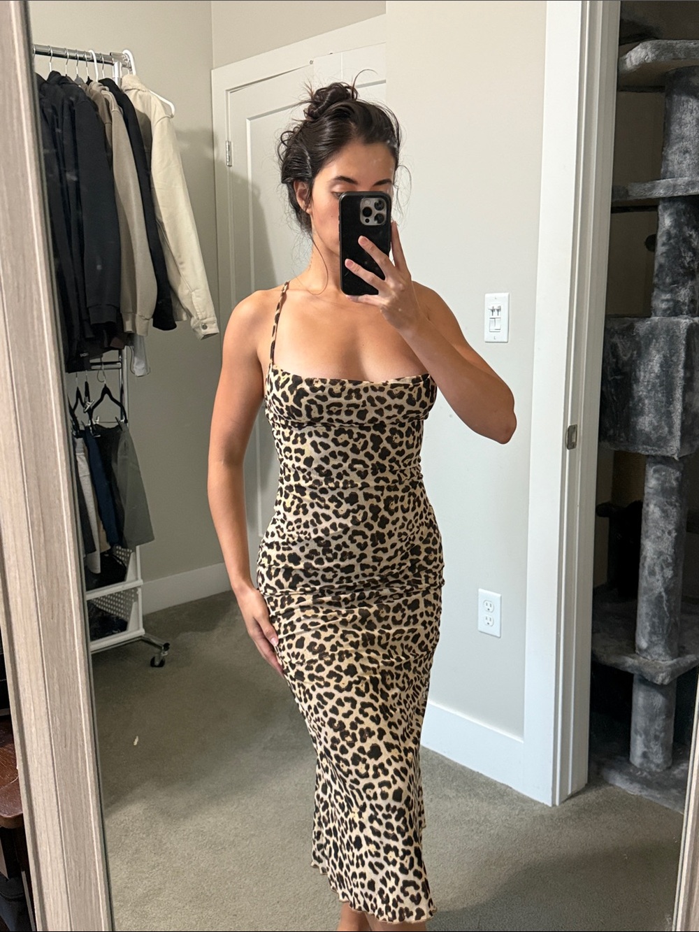 Leopard Print Slip Midi Dress - Beige/Black